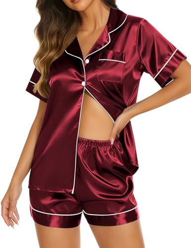 Image of Ekouaer Silk Pajamas for Women Short Sleeve Sleepwear Soft Button Down Loungewear 2 Piece Satin Pjs Shorts Set
