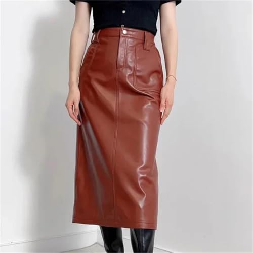 Women Genuine Leather Maxi Skirt Long Length Pencil Style Big Pocket Slit High Waist Fashion Skirt Black3