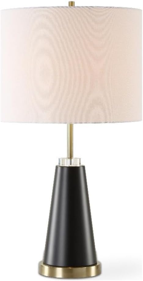 BOWERY HILL Contemporary Metal Table Lamp, 27.5" H x 14.5" W x 14.5" D, Black Finish with Antique Brass Accents, Crystal Element, Off White Linen Round Shade, Modern Design for Living Room or Bedroom