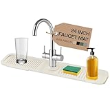 24 Inch Silicone Faucet Mat for Kitchen Sink Splash Guard & Draining Tray Sink Protector with Soap & Sponge Holder White (Purest Peak)