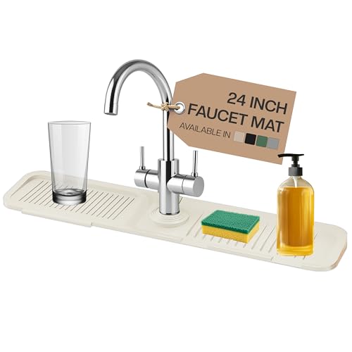 24 Inch Silicone Faucet Mat for Kitchen Sink Splash Guard & Draining Tray Sink Protector with Soap & Sponge Holder White (Purest Peak)