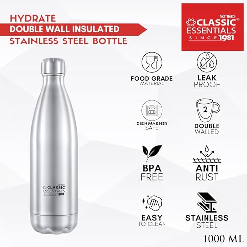 Image of Classic Essentials Insulated Double Wall Vacuum Stainless Steel Water Bottle Keep Hot and Cold,100% Leakproof Lid,Sweat Proof Water Bottles, Great for Travel Picnic & Camping (1000ml) Cola, Silver