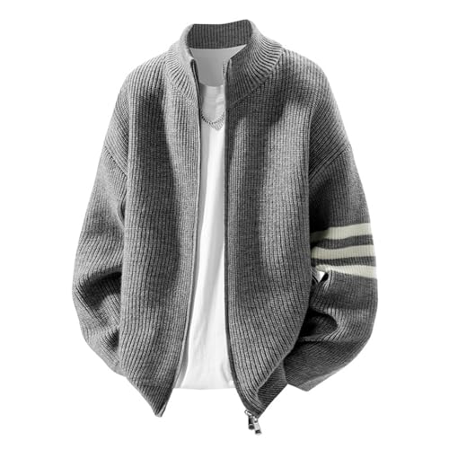 Generisch Chaqueta de punto para hombre con cremallera y cuello alto, cárdigan de punto, jersey de punto fino, chaqueta de gran tamaño, Y2K, transpirable, cortavientos, abrigo de punto, manga larga