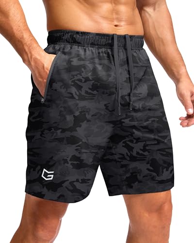 G Gradual Men's Athletic Running Shorts with Zipper Pockets Quick Dry 7"/ 5"/ 9" Workout Gym Shorts for Basketball Hiking(Grey Camo,7XL)