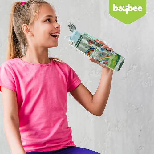 Image of BAYBEE Galaxy Kids Water Bottle 800ml | Leak-Proof Baby Sipper Bottle with Flip Lock Lid & Silicone Straw | BPA-Free School Water Bottle for Boys & Girls, Drinking Training Sipper Bottle Kids (Green)