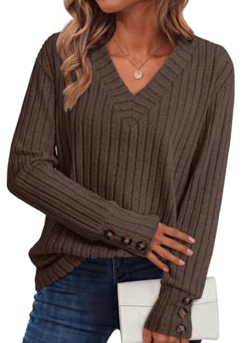 Image of Dokotoo Womens Tops V Neck Lightweight Sweater Fall Long Sleeve Top 2026 | Decorative Buttons, Soft Breathable Knit Material, Pullover Tunic Tops, Business Casual, Fall Outfits, Winter Clothing 2026