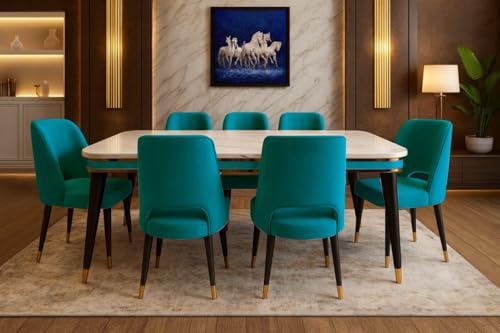 Image of WOODEN SPACE 6-Seater Wooden Dining Table Set | Nano Composite Marble Top | Solid Wood Base | Modern Dining Room Furniture with 6 Chairs (Sky Blue Vintage)