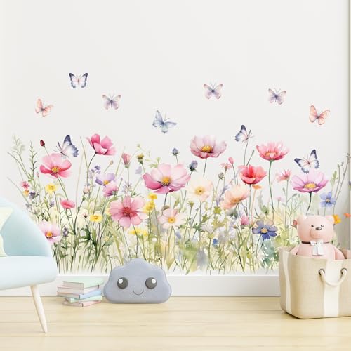 WINDVALE Flowers Wall Decals, Vinyl Butterflies & Floral Wall Stickers, Removable Peel and Stick Wall Murals, Colorful Flower Wall Decor for Bedroom, Living Room, Nursery