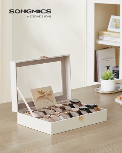 Image of SONGMICS Watch Box With 12 Slots, Glass Lid, Removable Pillows, Metal Clasp, Gift Idea - Cloud White Synthetic Leather, Cappuccino Beige Lining JWB120W01