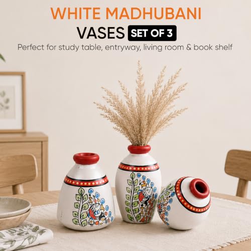 Image of Aakriti Art Creations Vase Earthen Miniatures Silver Madhubani Set of 3 | Hand-Painted Terracotta Flower Vases | Matte Finish Decorative Vases for Living Room, Table Decor & Gifting
