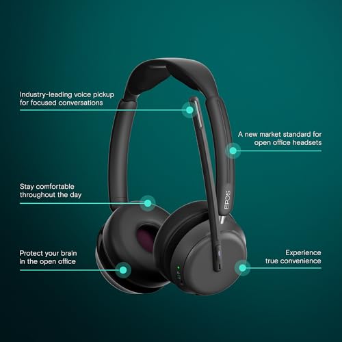 Image of EPOS IMPACT 1061T Professional Wiresless Bluetooth Headset - Dual-Sided, AI Voice Recognition, BrainAdapt Technology,Sound for High-Density Office Environments, Charging stand.