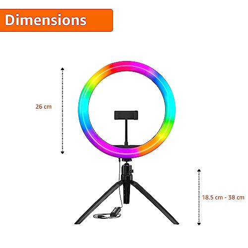 Image of Amazon Basics 10-Inch LED RGB Ring Light with Table Top Tripod Stand and hot Shoe Adapter for Photo-Shoot, Video Shoot, Live Stream, Makeup & Vlogging, Compatible with iPhone /Android Phones & Camera
