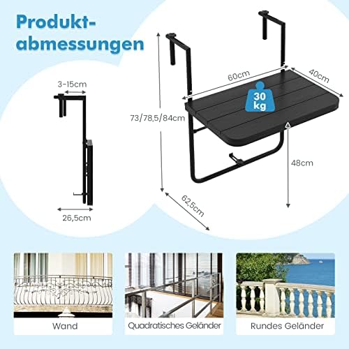 FANTASK Balkonhängetisch zum Einhängen, klappbarer Balkontisch mit 3-stufig Verstellbarer Höhe, Klapptisch Hängetisch wetterfest, für Balkongeländer, 60 x 40 cm, Schwarz
