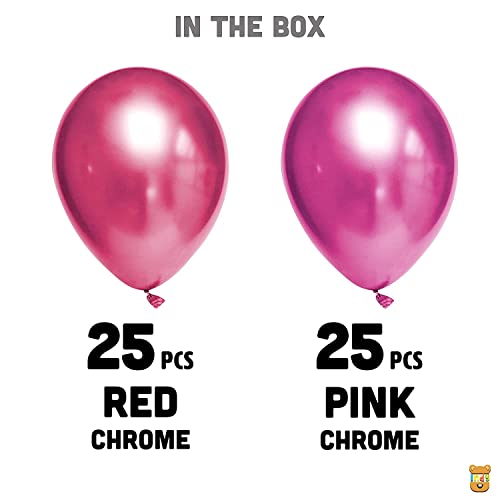 Image of Just Party 25Pcs Red & 25Pcs Pink Metallic Chrome Balloons with Shiny Surface For Birthdays /Anniversary /Engagement /Baby Shower /bachelorette Party Decorations (Pack of 50)