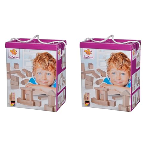 Eichhorn 50 naturfarbene Holzbausteine in der Aufbewahrungsbox mit Kordel und Sortierdeckel, FSC 100 Prozent zertifiziertes Buchenholz, für Kinder ab 1 Jahr (Packung mit 2)