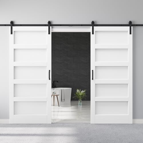 72 x 84 Double Barn Door and 13.2FT Track Hardware Kit Included & Handle Mortise and Tenon Structure Simple Assembly Required 5-Panels Solid Core MDF Pre-Drilled & Paintable Slidng Barn Door
