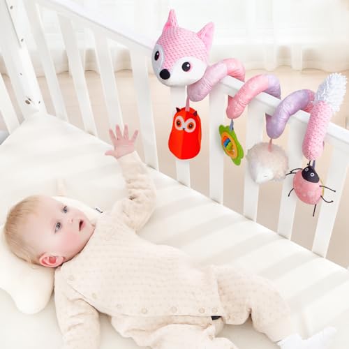 Image of Koty Car Seat Toys, Infant Baby Spiral Plush Activity Hanging Toy for Stroller Bar Pram Crib with Music Box BB Squeaker & Rattles(Pink Fox)
