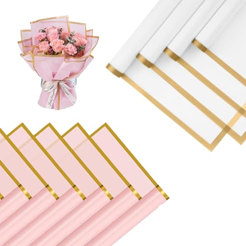 Rosa und Weiß Blumen Papier Verpackung TUIOLUI 14 Stück 58x58 cm Minimalistisches Blumenstrauß Geschenkpapier mit Goldrand Wasserdicht Papierblumen Flower Bouquet Wrapping Paper