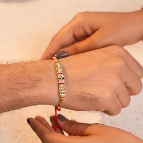 Image of Peora Om Shree Ram Swastik Rakhi for Brother Bhaiya | Crystal & Beads Studded | Red Thread | Raksha Bandhan Hamper with Roli Chawal Greeting Card