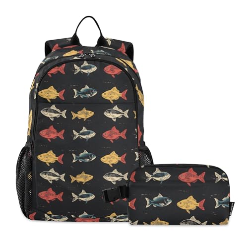 Backpack Lunch Bag Set for Travel Hiking Picnic, Fishes Pattern Print Backpacks with Insulated Lunch Box