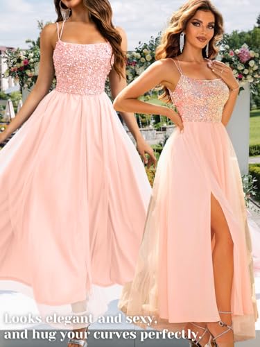 Image of ShawGobow Tulle Prom Dress with Slit,Sequin Backless Long Flowy Dresses for Women,Sexy Sparkly Outfits Homecoming Wedding