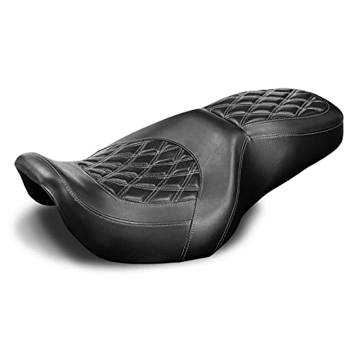 Two-UP Motorcycle Rider Passenger Seat Fit for Harley Touring Road King 1997-2007 Street Glide 2006-2007 (White Stitching)
