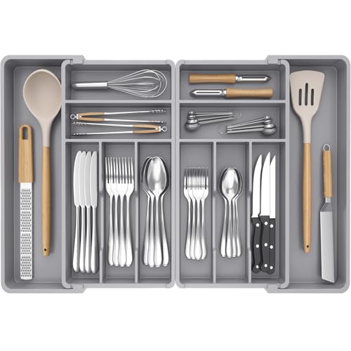 Lifewit Cutlery Drawer Organiser, Adjustable Large Utensil Trays for Kitchen Storage, 12 Compartment for Cooking Tools, Spoon, Knife, Fork, Grey
