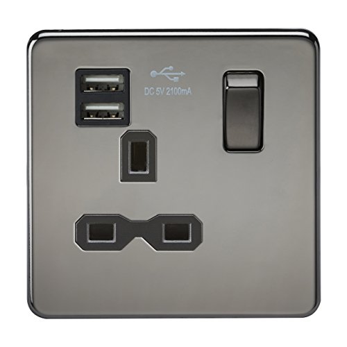 Knightsbridge SFR9901BN Screwless 13A 1G Switched Socket with Dual USB Charger Nickel with Black Insert