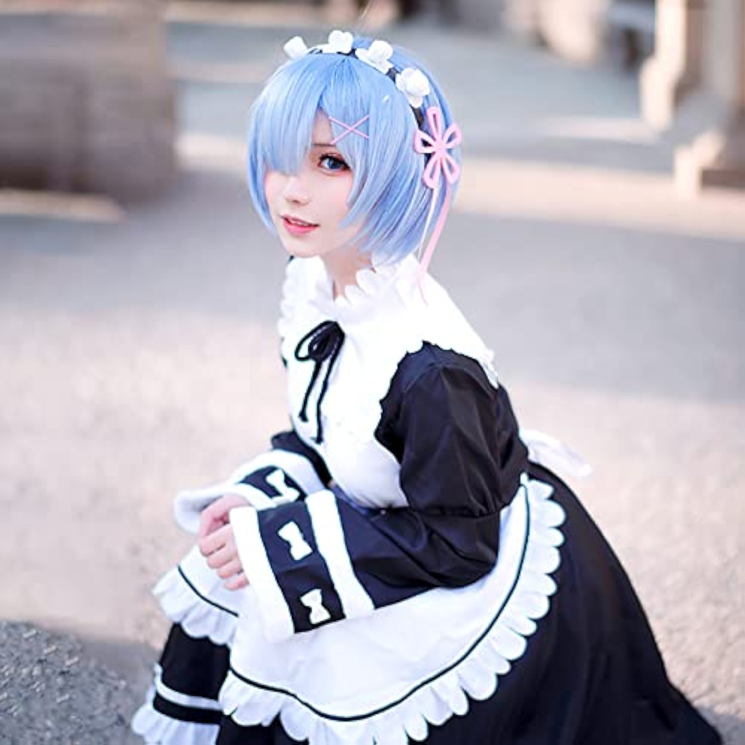 [milky time] ウィッグ付き Re:ゼロから始める異世界生活 リゼロ コスプレ メイド服 ハロウィン レム ラム 長袖 (レム, L) 詳細画像3