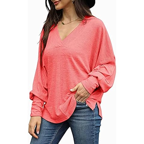 LUKYCILD Womens Long Sleeve Shirts V Neck Tunic Tops Ladies Blouse Jumper Pink Cover