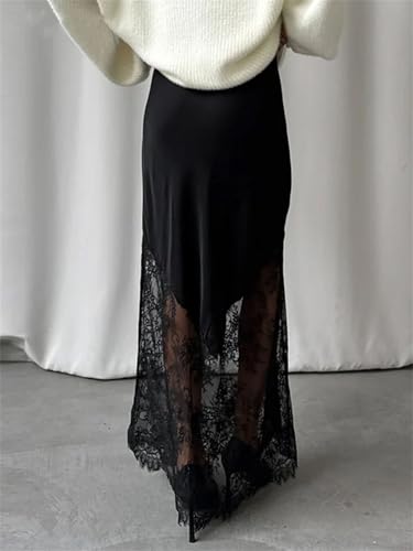 Women's Maxi Skirts Classic Satin Patchwork Lace Hollow-Out High Waist Ankle Length Skirt3