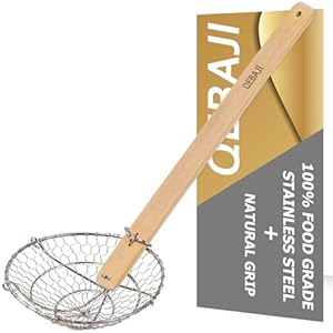 Stainless Steel Spider Natural Handle,Bamboo Handle Strainer Basket,Kitchen Wire Food Cooking Skimmer,5-Inch,Hand-Made