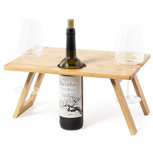noTrash2003 Plateau de petit-déjeuner en bambou pour amateurs de vin, plateau de service, table de lit avec pieds pliables pour 2 verres et 1 bouteille, également pour les pique-niques, 100-6070