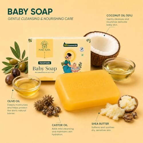 Image of Pure Aura Handmade Baby Soap Pack of 2 (100g Each) - Doctor Recommended Baby Soap with Coconut Oil, Shea Butter & Jojoba Oil | Chemical-Free Care for Sensitive Skin
