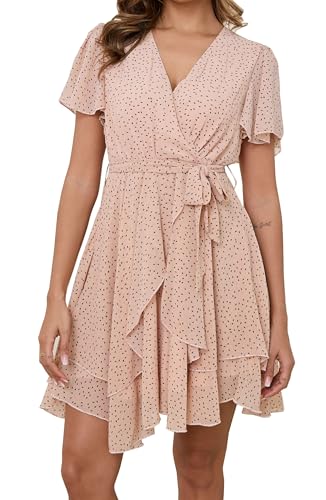 Jiraewh Damen Chiffon Kurz Kleid V-Ausschnitt Kurzarm Sommerkleid Polka-Punkte Elegant Rüschen Minikleid Casual Swing Skater Kleid Hohe Taille...