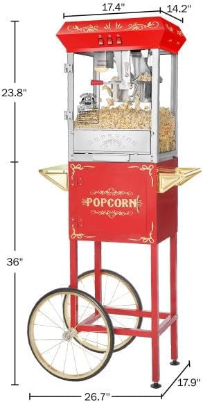 Diagram showing the dimensions of the popcorn machine with cart, including height, width, and depth measurements.