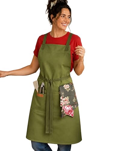 Image of Kitchen Apron - 100% Cotton, Adjustable Neck strap, Large Pocket - Unisex Apron for Men & Women - Cooking, Baking, BBQ, Gardening - Solid Colours, Striped and Checkered Patterns