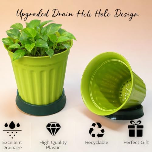 Image of TechHark GreenPlastic Plant Pots with Saucer, Ribbed Style, for Indoor and Outdoor Use, Set of 5