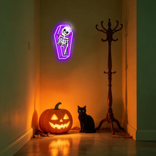 Image of Halloween Coffin Skeleton Neon Sign Spooky Skeleton Neon Light LED Macabre Room Decor Sign USB Powered, for Halloween Party Haunted House Tattoo Shop Creepy Spooky Room(16.1 * 9.4 In)