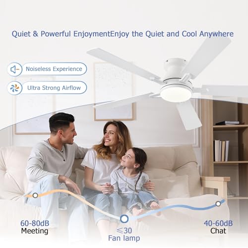 Image of Ayaoty 54 inch Ceiling Fans with Lights and Remote, Low Profile Ceiling Fan with Light, Flush Mount, Reversible, 3CCT, Dimmable, Noiseless, White Ceiling Fan for Bedroom, Indoor /Outdoor Use