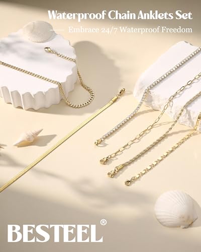 Image of Besteel Ankle Bracelets for Women Waterproof - 14K Gold Plated Non Tarnish Layered Cuban Link Chain Rope Figaro Herringbone Anklets Set Plus Size Anklet Summer Foot Jewelry Gift Adjustable 8-12 Inch