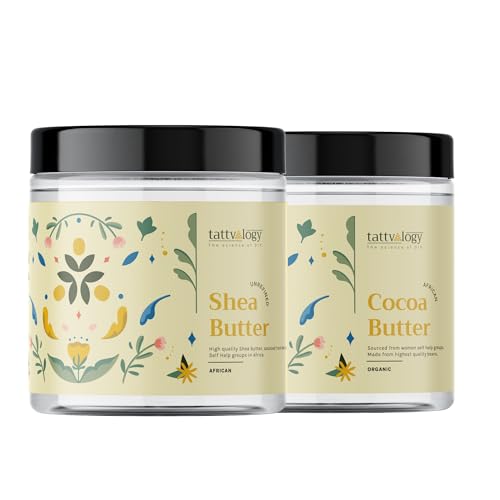 Image of Tattvalogy 100% Pure Shea Butter & Cocoa Body Butter Combo | Unrefined, Raw & Natural Skin & Hair Moisturizer | For Dry Skin, Stretch Marks, Chapped Lips & Hair Nourishment (100g Each)