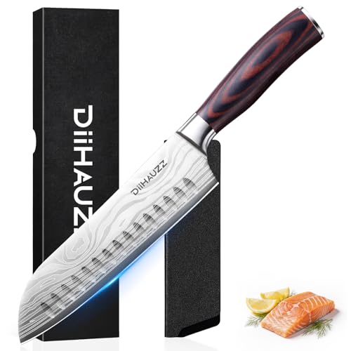 DiiHAUZZ Santokumesser 18cm, Scharfes Hochkohlenstoff-Edelstahl Küchenmesser mit 12° Klinge, Ergonomischer Pakkaholzgriff, Profi Allzweckmesser für Fleisch, Obst und Gemüse