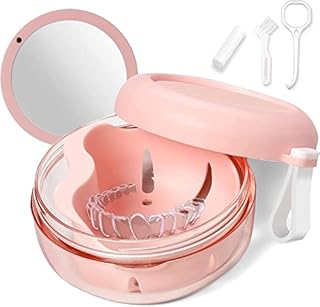 Leakproof Denture Bath Case, Denture Cup Kit with Cleaner Brush, Portable Retainer Case for Traveling, Denture Box with Strainer & Magnetic Mirror for Retainer, Mouth Guard, Denture (Pink)
