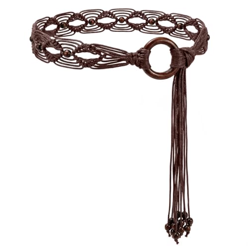 WHIPPY Boho Braided Belt for Women Western Belt With Hand-Woven Wax Rope Country Tassel Belts for Dress 2 Wide Coffee