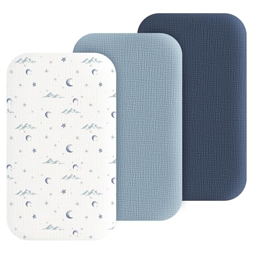 Image of Coreeky Muslin Bedside Sleeper Bassinet Fitted Sheets, 3 Pack Cotton Baby Sheet for Boys & Girls, Soft, Compatible with Baby Delight, Dream On Me, AMKE and Other Rectangle Mattress (Nightfall Blue)