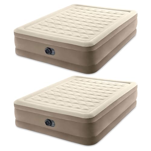 Intex Dura Beam Deluxe Ultra Plush 18 Inch Queen Bed Inflatable Air Mattress with Fiber Tech Construction and Built in Pump, Beige (2 Pack)