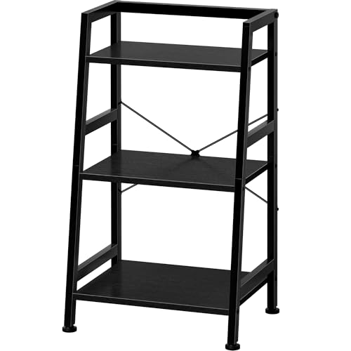3-Tier Bookshelf, Ladder Shelf, Stand up Shelves, Industrial Bookcase with Steel Frame, Metal Small Bookcase, for Living Room, Home Office, Kitchen, Bedroom, Industrial Style(Black)