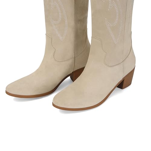 Image of STALOV Cowboy Boots for Women Pull On Chunky Heel Boots Knee High Cowgirl Boots Western Pointed Toe Boots Embroidered Suede Boots
