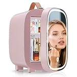 Enventor Mini Fridge 4L/ 6 Can, Skincare Fridge With Dimmable LED Light Mirror, AC+12V DC Power Cooler & Warmer for Bedrooms, Home, Car/Cosmetics, Skin Care and Food, Pink